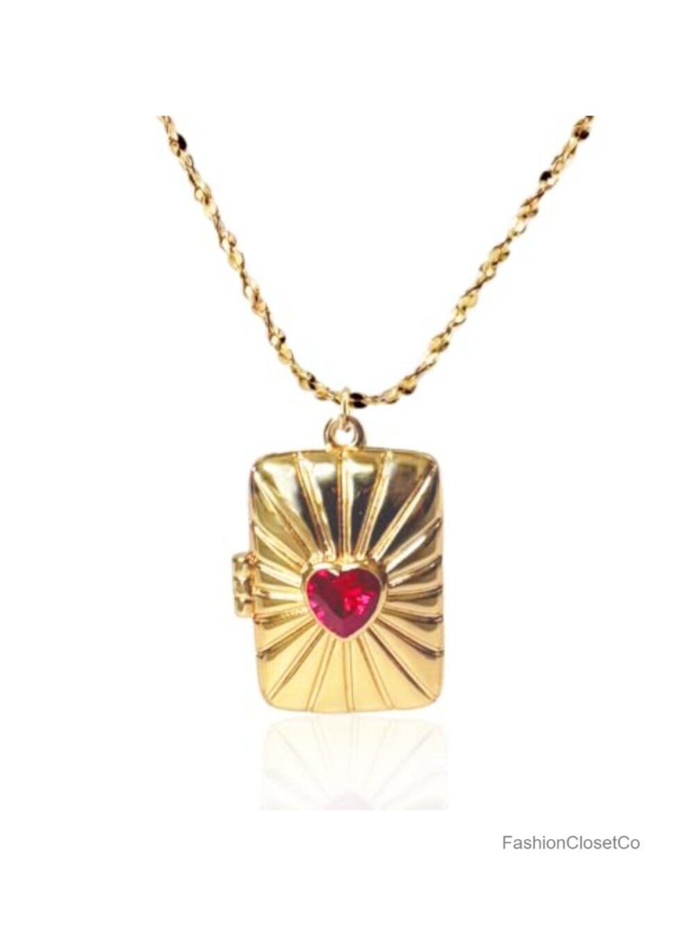 Vintage Gold-Tone Rectangular Locket Necklace with Red Heart | 14k Gold Plated,